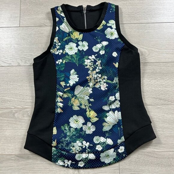 RACHEL Rachel Roy Black Floral Sleeveless Mixed Media Short Sleeve Top - Picture 2 of 10